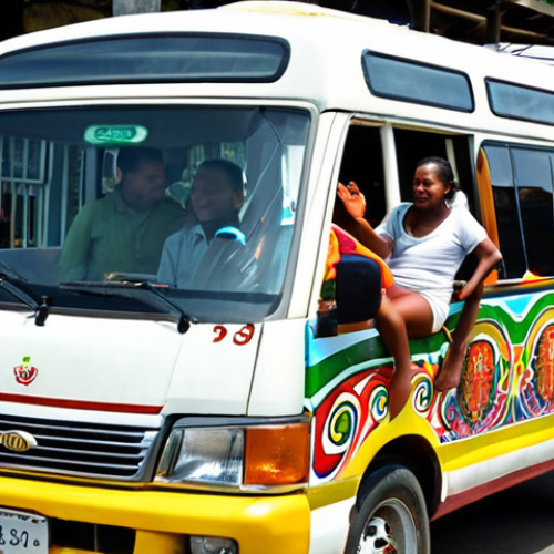 Home 13 The Vibrant Guyanese Minibus**
"A bustling street scene in Georgetown, Guyana, featuring a brightly colored, distinctively decorated Guyanese minibus (often called 'minibus'). The vehicle is lively and slightly crowded, with open windows revealing a diverse group of passengers inside, some smiling or engaged in conversation. The conductor is leaning out the front door, actively calling out destinations or greeting passengers. The atmosphere is energetic, reflecting the organized chaos and cultural melting pot described, with subtle hints of tropical warmth and street life in the background. Focus on the dynamic interactions and the unique local aesthetic of the minibus."
**