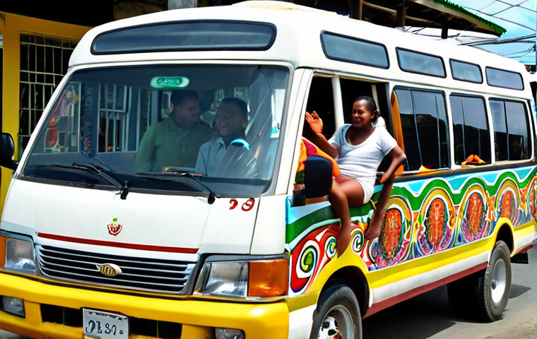 The Vibrant Guyanese Minibus**

"A bustling street scene in Georgetown, Guyana, featuring a brightly colored, distinctively decorated Guyanese minibus (often called 'minibus'). The vehicle is lively and slightly crowded, with open windows revealing a diverse group of passengers inside, some smiling or engaged in conversation. The conductor is leaning out the front door, actively calling out destinations or greeting passengers. The atmosphere is energetic, reflecting the organized chaos and cultural melting pot described, with subtle hints of tropical warmth and street life in the background. Focus on the dynamic interactions and the unique local aesthetic of the minibus."

**