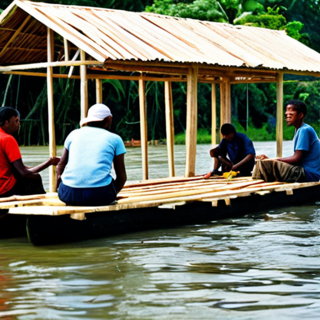 Floating Home Construction**

"A vibrant scene of Guyanese locals constructing a floating home on a wooden raft, using local wood and recycled materials. Safe for work, appropriate content, fully clothed. The raft is partially submerged in a calm river. Perfect anatomy, correct proportions, natural pose.  Family-friendly, bright, professional photography, high quality."

**