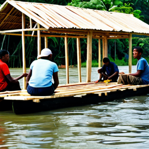 Home 12 Floating Home Construction**
"A vibrant scene of Guyanese locals constructing a floating home on a wooden raft, using local wood and recycled materials. Safe for work, appropriate content, fully clothed. The raft is partially submerged in a calm river. Perfect anatomy, correct proportions, natural pose. Family-friendly, bright, professional photography, high quality."
**
