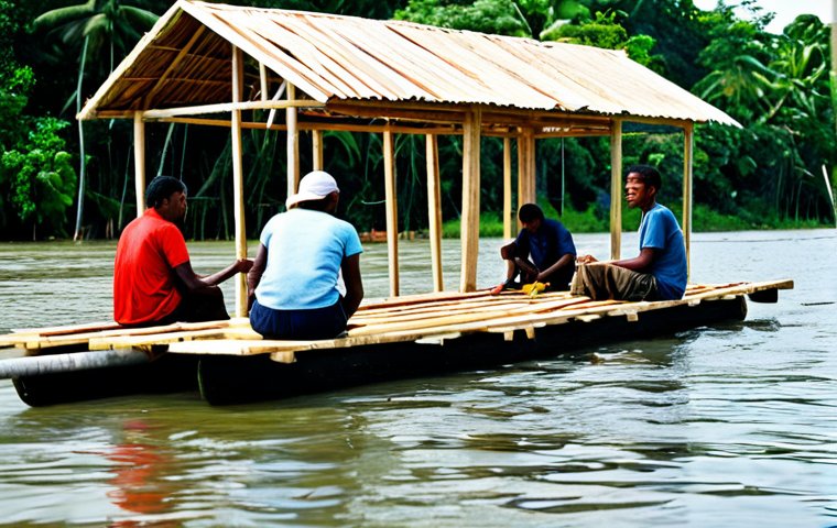 Floating Home Construction**
"A vibrant scene of Guyanese locals constructing a floating home on a wooden raft, using local wood and recycled materials. Safe for work, appropriate content, fully clothed. The raft is partially submerged in a calm river. Perfect anatomy, correct proportions, natural pose. Family-friendly, bright, professional photography, high quality."
**