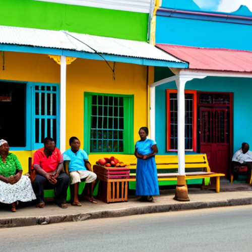 Home 11 **
"A vibrant street scene in Georgetown, Guyana. Focus on a group of friends "liming" (relaxing) outside a colorful rum shop. They are all fully clothed in modest, everyday attire. Capture the energy of the street with vendors selling fruit, brightly colored buildings, and lush tropical plants. Perfect anatomy, natural proportions, well-formed hands, proper finger count, safe for work, appropriate content, family-friendly, professional photography, high quality, natural lighting."
**