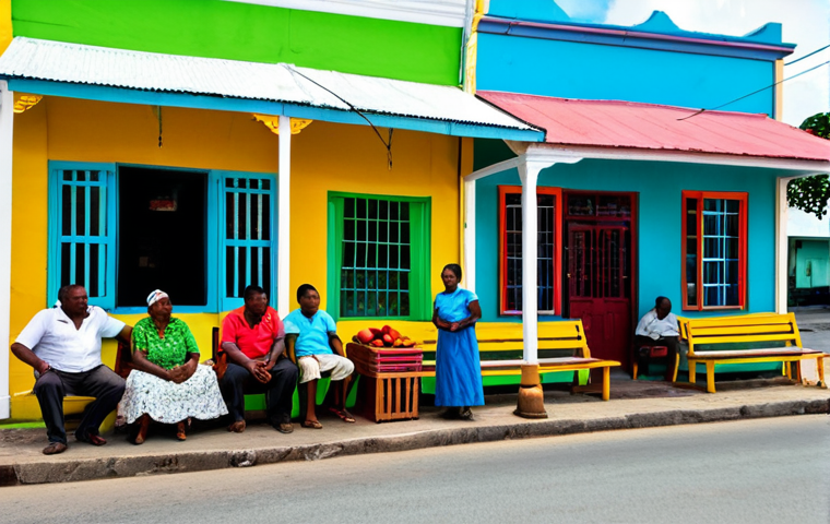 **
"A vibrant street scene in Georgetown, Guyana. Focus on a group of friends "liming" (relaxing) outside a colorful rum shop. They are all fully clothed in modest, everyday attire. Capture the energy of the street with vendors selling fruit, brightly colored buildings, and lush tropical plants. Perfect anatomy, natural proportions, well-formed hands, proper finger count, safe for work, appropriate content, family-friendly, professional photography, high quality, natural lighting."
**