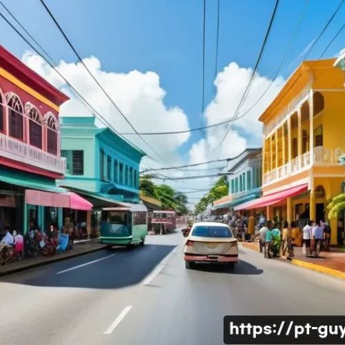 가이아나와 남미 관계 - **A Vibrant and Modern Georgetown Street Scene:**
    "A bustling, sunny street in Georgetown, Guyan...