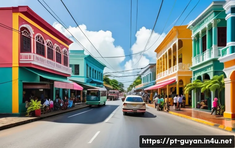 가이아나와 남미 관계 - **A Vibrant and Modern Georgetown Street Scene:**
    "A bustling, sunny street in Georgetown, Guyan...