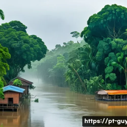 가이아나 우기와 건기 - A vibrant, lush tropical rainforest scene in Guyana during the rainy season, showcasing dense green ...