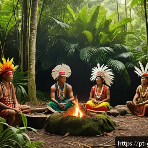 가이아나의 인구 구성 - A vibrant scene depicting an indigenous Guianese community deep in a lush tropical rainforest, with ...