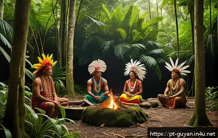 가이아나의 인구 구성 - A vibrant scene depicting an indigenous Guianese community deep in a lush tropical rainforest, with ...