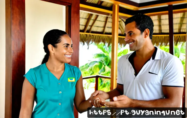 Home 17 가이아나의 영어 공용어 사용 - Photorealistic scene of a Brazilian Portuguese-speaking traveler in Guyana using English with a frie...